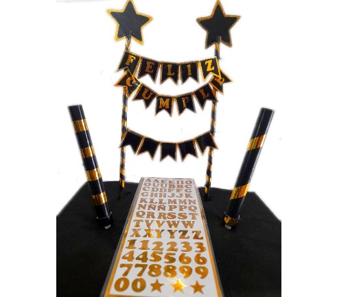 SET MINI BANDERINES F/C PERSONALIZADO NEGRO Y ORO 2 BENGALAS Y STICKERS LETRAS Y NUMEROS X 1
